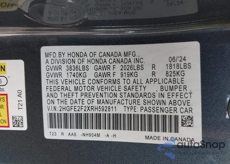 2024 Honda Civic Lx z USA, uszkodzony, nr VIN 2HGFE2F2XRH592811